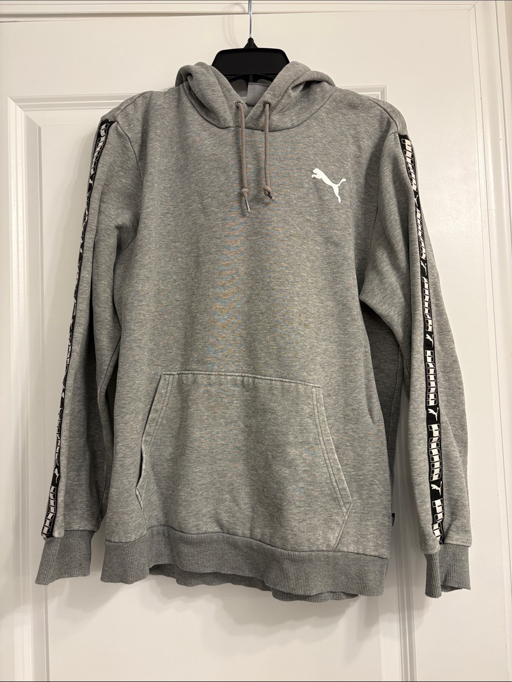 Puma Gray Pullover Hoodie with Black Logo Tape Sleeves